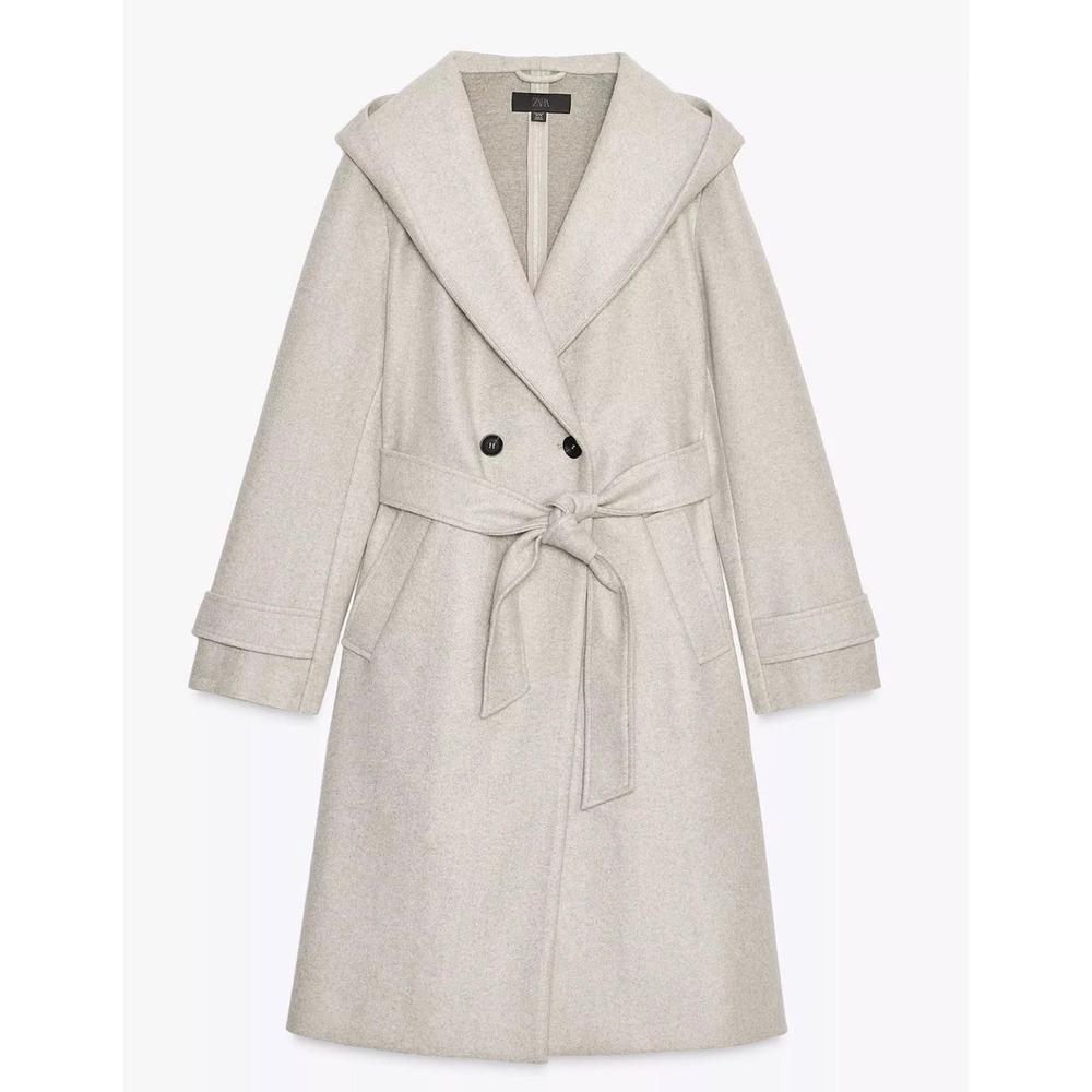 Zara Soft Hooded Coat in Ecru Belted Wrap Coat Midi Oat Beige Marl Women's L